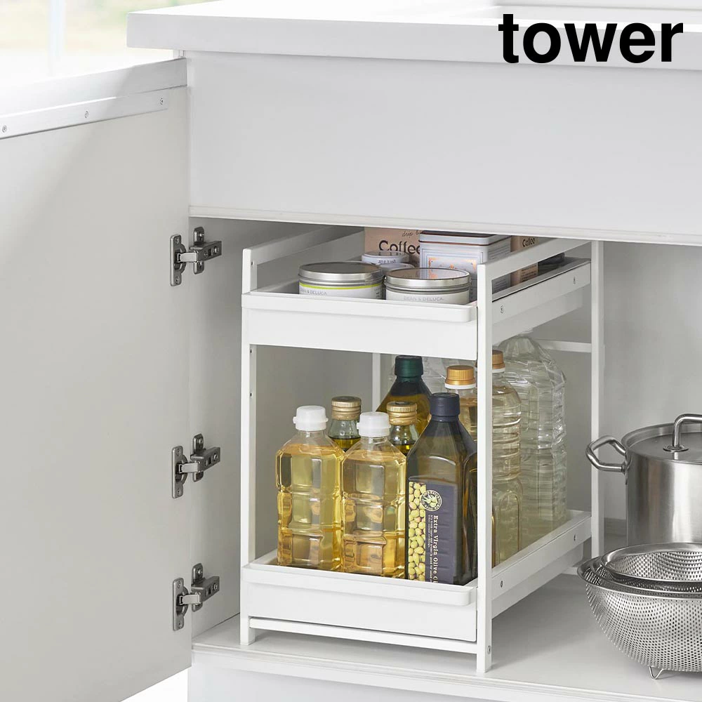 【山崎実業】シンク下スライドラック タワー 2段 山崎実業 tower ホワイト ブラック 1460 1461 シンク下 収納 引き出し yamazaki タワーシリーズ //【メーカー直送：2～4営業日での発送】