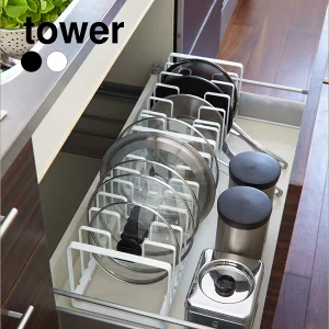 【山崎実業】tower シンク下 フライパン＆鍋蓋スタンド タワー （ホワイト）（ブラック）//【メーカー直送：2～4営業日での発送】